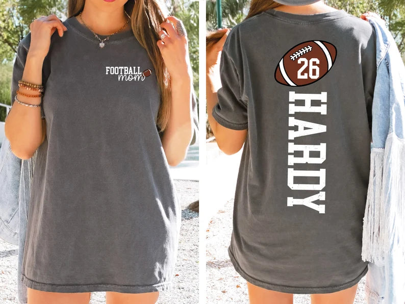 Football Mom Shirt With Kids Name & Jersey Number, Cute Football Season Mama Shirt, Gift For Football Lover Mom Shirt